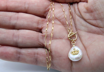 14 K Gold Pearl Cross Necklace, Toggle Front Wrap Layered Choker with Crown, Cross, Evil Eye Jewelry Choker, Dainty Real Pearl Necklace - A Girls Gems